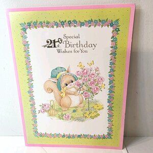 Vtg Textured Big Floral Squirrel Butterflies Gold Tone 21st Birthday Card CLEAN